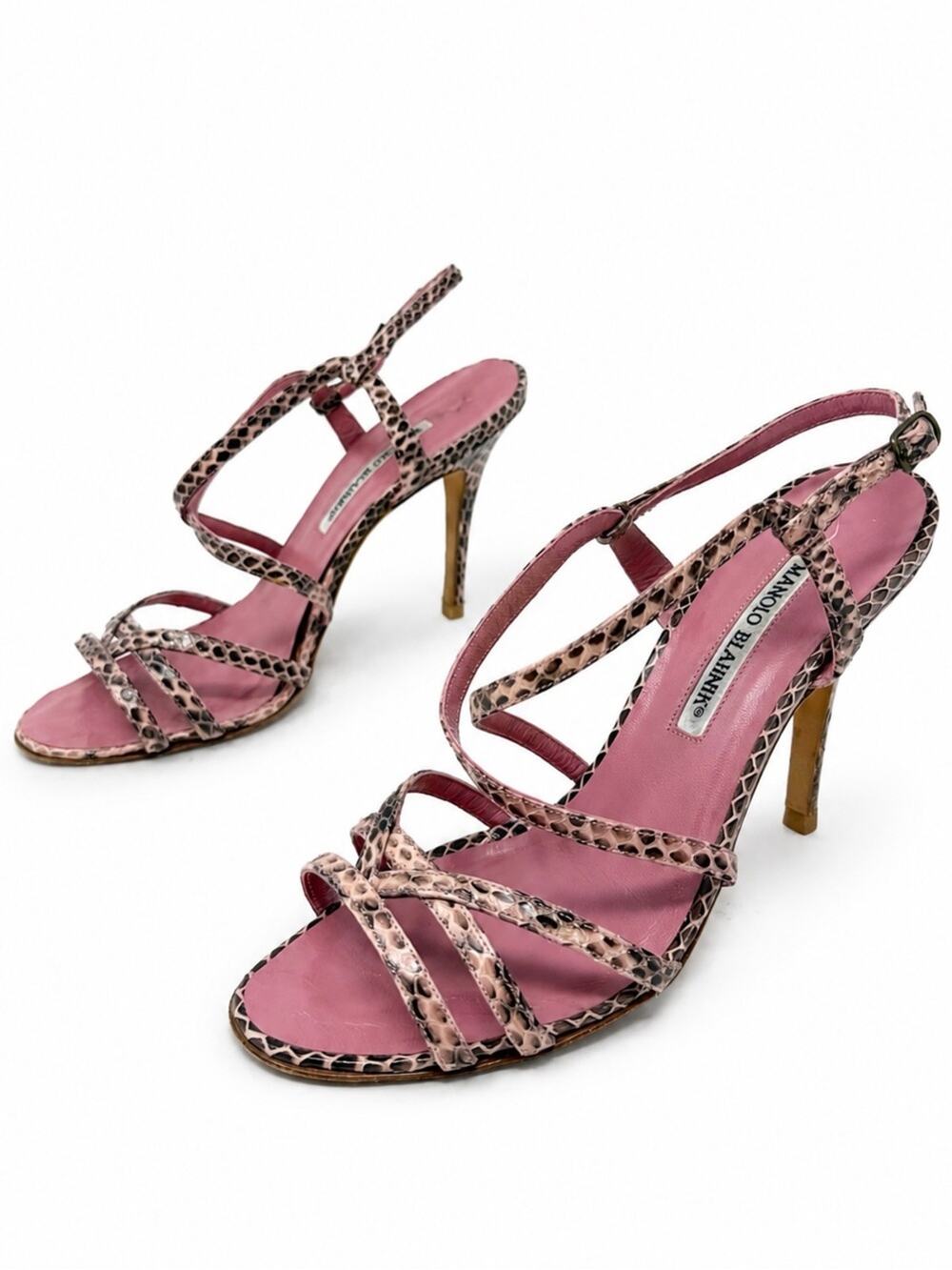 Manolo Blahnik Pink Snakeskin Strappy Sandal Heels Womens Size EU 38